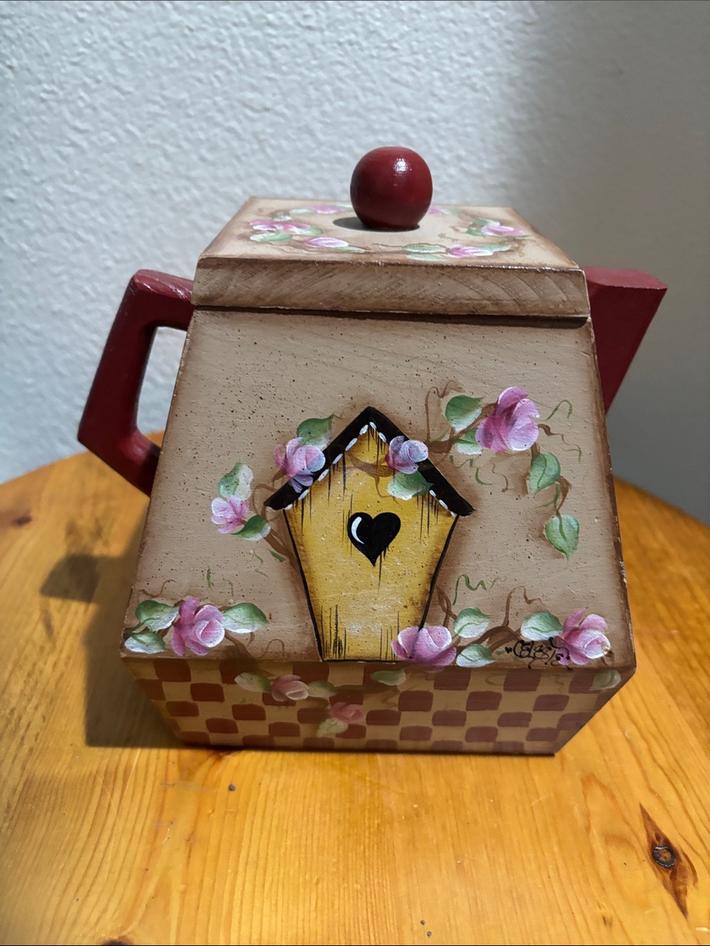 Hand-Painted Floral Wood Birdhouse Teapot